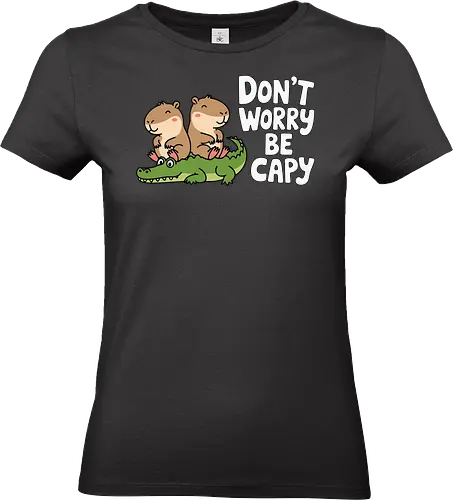 Don't Worry Be Capy - capybaras, crocodile, humor, animals, cute, phrase, relaxing, whimsical, cartoon - Standard T-Shirt (Women)