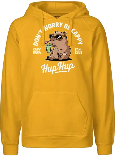 Don't Worry Be Cappy Hup Hup - capybara, sunglasses, drink, umbrella, text, carefree, fun, fan club, humor, cartoon - Fairtrade Hoodie