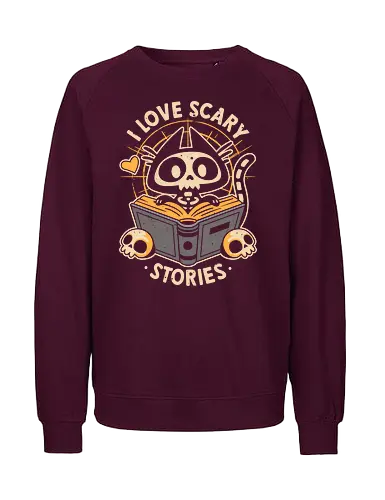 I Love Scary Stories - skull, gothic, horror, love, reading, halloween, literature, dark art, black cat, skeleton, scary, books, book lover, bookworm, cute - Fairtrade Sweatshirt