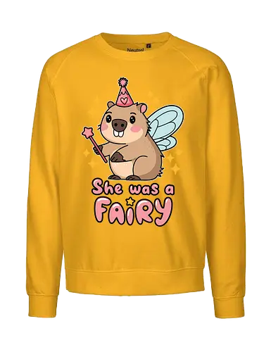 She was a fairy - capybara, fairy, wings, magic wand, stars, cartoon, cute, pink hat, whimsical, text - Fairtrade Sweatshirt