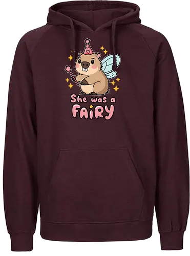 She was a fairy - capybara, fairy, wings, magic wand, stars, cartoon, cute, pink hat, whimsical, text - Fairtrade Hoodie
