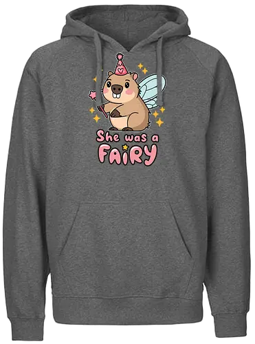 She was a fairy - capybara, fairy, wings, magic wand, stars, cartoon, cute, pink hat, whimsical, text - Fairtrade Hoodie