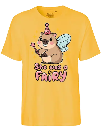 She was a fairy - capybara, fairy, wings, magic wand, stars, cartoon, cute, pink hat, whimsical, text - Fairtrade T-Shirt