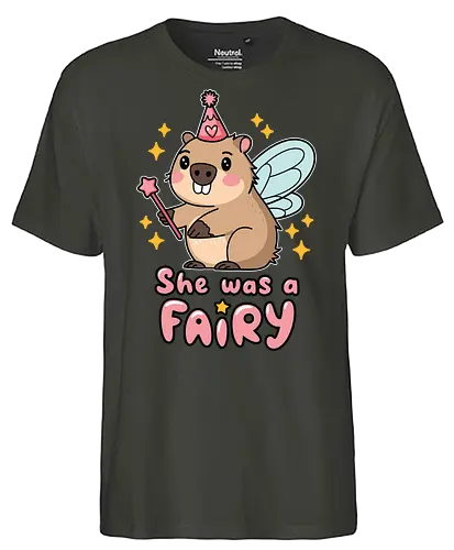 She was a fairy - capybara, fairy, wings, magic wand, stars, cartoon, cute, pink hat, whimsical, text - Fairtrade T-Shirt