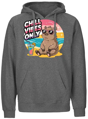 Chill Vibes Only - capybara, beach, sunset, sunglasses, tropical drink, relaxation, chill, ocean, summer, vacation - Fairtrade Hoodie