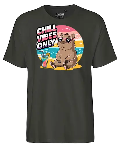 Chill Vibes Only - capybara, beach, sunset, sunglasses, tropical drink, relaxation, chill, ocean, summer, vacation - Fairtrade T-Shirt