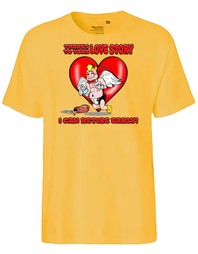 Cupid's Retirement (Cupids Ruhestand) - Valentinstag, Valentine, Amor, Liebe, Ruhestand, Paare, Romantik, Herz, lustig, Humor, Kawaii, Cartoon, Beziehung, Liebesgeschichte, Scherz, Geschenkidee, Cupido, Flügel, spaßig - Fairtrade T-Shirt