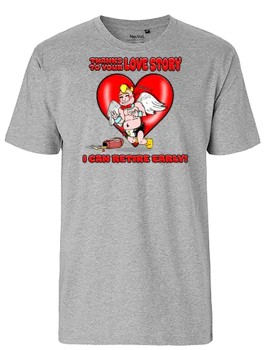 Cupid's Retirement (Cupids Ruhestand) - Valentinstag, Valentine, Amor, Liebe, Ruhestand, Paare, Romantik, Herz, lustig, Humor, Kawaii, Cartoon, Beziehung, Liebesgeschichte, Scherz, Geschenkidee, Cupido, Flügel, spaßig - Fairtrade T-Shirt