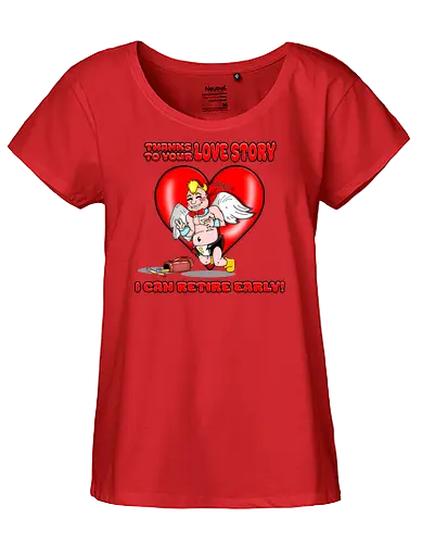 Cupid's Retirement (Cupids Ruhestand) - Valentinstag, Valentine, Amor, Liebe, Ruhestand, Paare, Romantik, Herz, lustig, Humor, Kawaii, Cartoon, Beziehung, Liebesgeschichte, Scherz, Geschenkidee, Cupido, Flügel, spaßig - Fairtrade Girl Shirt