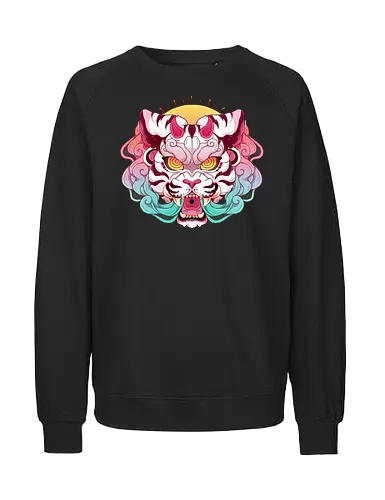Kitsune Mask- Tiger - Kitsune, fox, foxy, japan, japanese, japanese fox, kitsune mask, kitsune fox, manga, anime, pink, oni, oni mask, japan culture, japan lovers, nine tails, fox lover, foxes, japanese art - Fairtrade Sweatshirt