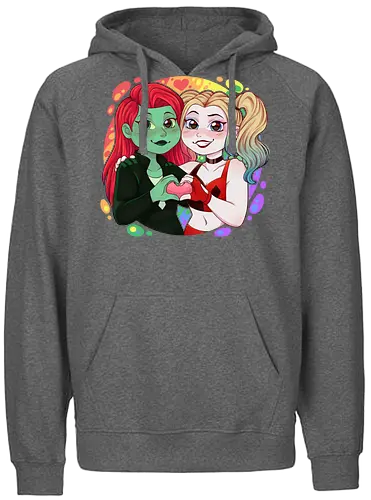 Psycho Love - luz, LGBTQIA+, LGBT, pride, pride, lesbians, lesbian flag, drag queen, love, pride characters, pride month, trans, pansexual, villains, HQ, comics, poison, ivy, harley, bat, bisexual, gay, cartoon - Fairtrade Hoodie