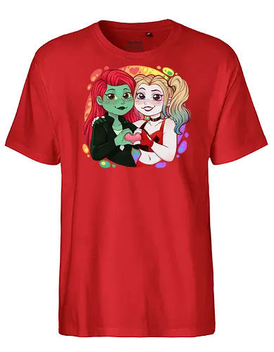 Psycho Love - luz, LGBTQIA+, LGBT, pride, pride, lesbians, lesbian flag, drag queen, love, pride characters, pride month, trans, pansexual, villains, HQ, comics, poison, ivy, harley, bat, bisexual, gay, cartoon - Fairtrade T-Shirt