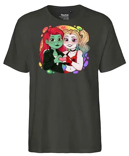 Psycho Love - luz, LGBTQIA+, LGBT, pride, pride, lesbians, lesbian flag, drag queen, love, pride characters, pride month, trans, pansexual, villains, HQ, comics, poison, ivy, harley, bat, bisexual, gay, cartoon - Fairtrade T-Shirt