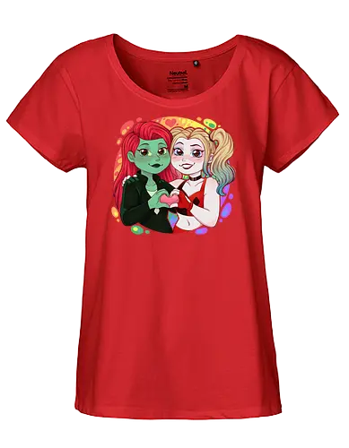 Psycho Love - luz, LGBTQIA+, LGBT, pride, pride, lesbians, lesbian flag, drag queen, love, pride characters, pride month, trans, pansexual, villains, HQ, comics, poison, ivy, harley, bat, bisexual, gay, cartoon - Fairtrade Girl Shirt