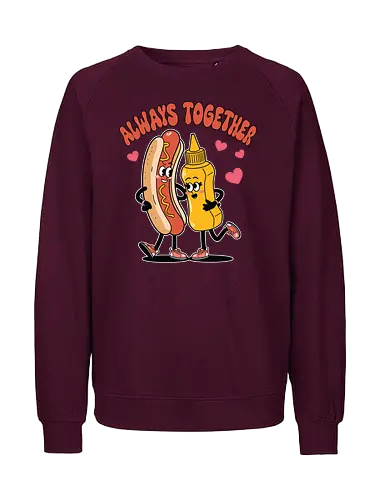 ALWAYS TOGETHER - friendship, cartoon, food, hot dog, mustard, love, hearts, humorous, characters, companionship - Fairtrade Sweatshirt