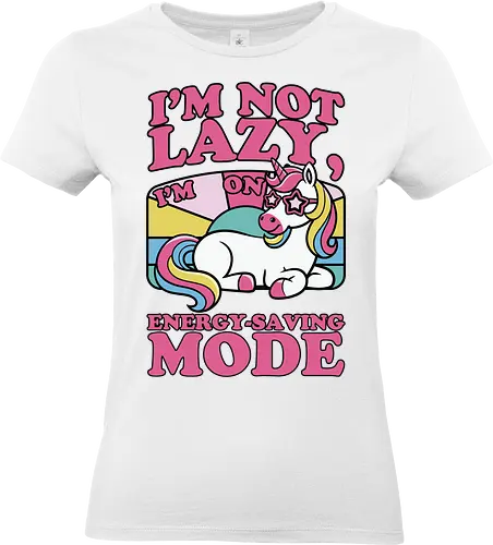 I'm on energy-saving mode - unicorn, rainbow, pastel, typography, whimsical, cartoon, humor, slogan, resting, colorful - Standard T-Shirt (Women)