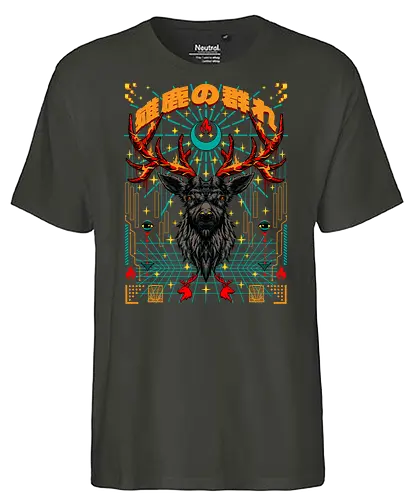 Trippy Deer - deer, stags, trippy, psychedelic, herd of stags, march with the stags, trippy stags, pyschedelic stags, pyschedelic deer, trippy deer - Fairtrade T-Shirt
