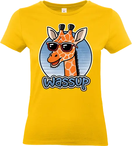 Wassup Giraffe - funny, wassip, whats up, tall, giraffe, animal, wildlife, nature, zoo, safari, tall, yellow, spotted, africa, illustration, cute, baby giraffe, endangered, art - Standard T-Shirt (Women)