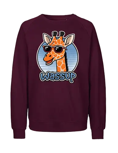 Wassup Giraffe - funny, wassip, whats up, tall, giraffe, animal, wildlife, nature, zoo, safari, tall, yellow, spotted, africa, illustration, cute, baby giraffe, endangered, art - Fairtrade Sweatshirt