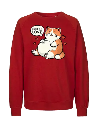 Full of love cat - fat, love, valentines, fat cat, cat, cute, pet, animal, feline, funny, chubby, illustration, adorable, whimsical, domestic cat, pet lover, cartoon, cat art, day, love, romance, affection, heart, couple, relationship, valentine, passion, emotional, togetherness, friendship, kindness, sentiment, cute, adoration - Fairtrade Sweatshirt