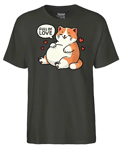 Full of love cat - fat, love, valentines, fat cat, cat, cute, pet, animal, feline, funny, chubby, illustration, adorable, whimsical, domestic cat, pet lover, cartoon, cat art, day, love, romance, affection, heart, couple, relationship, valentine, passion, emotional, togetherness, friendship, kindness, sentiment, cute, adoration - Fairtrade T-Shirt