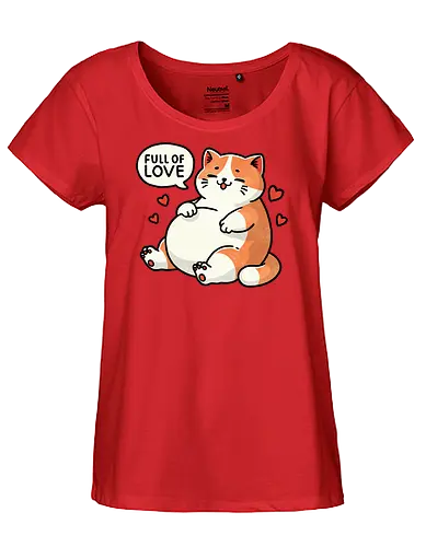 Full of love cat - fat, love, valentines, fat cat, cat, cute, pet, animal, feline, funny, chubby, illustration, adorable, whimsical, domestic cat, pet lover, cartoon, cat art, day, love, romance, affection, heart, couple, relationship, valentine, passion, emotional, togetherness, friendship, kindness, sentiment, cute, adoration - Fairtrade Girl Shirt