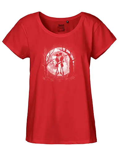 Moonlight Lovers - undead, zombie, horror, creepy, Paranormal, gothic, dark, monsters, skull, death, nightmare, occult, dreamy, couple, cosmic, sentimental, mythology, fantasy, creature, moon, love, romance, night, sky, stars, celestial, heart, astrology, nature, whimsical - Fairtrade Girl Shirt