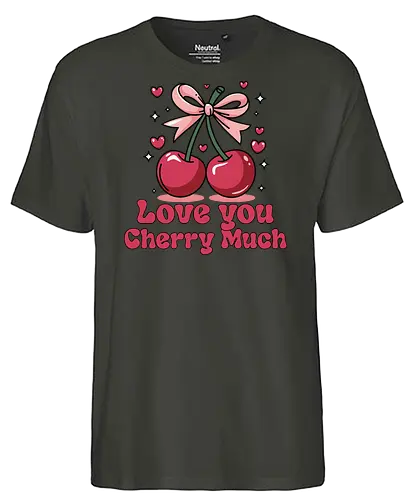 Love you Cherry Much - cherries, love, bow, hearts, stars, phrase, pink, red, playful, adornment - Fairtrade T-Shirt