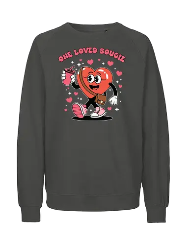One Loved Bougie - heart, character, cartoon, drink, pink, love, walking, playful, cheerful, graphic design - Fairtrade Sweatshirt