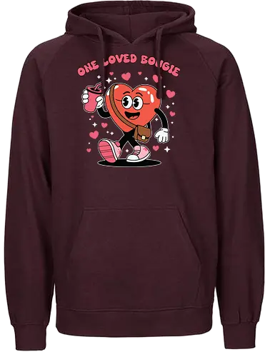 One Loved Bougie - heart, character, cartoon, drink, pink, love, walking, playful, cheerful, graphic design - Fairtrade Hoodie