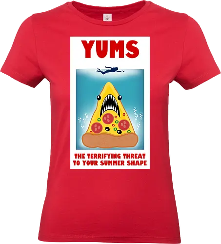 Yums - pizza, hai, parodie, filmplakat, sommerfigur, jaws, lustiges design, cartoon, nostalgisch, retro-stil, kawaii, monsterpizza, popkultur, humor, kreative kunst, fast food, strandstimmung, comicstil, kultfilm, spaß, summer - Standard T-Shirt (Women)