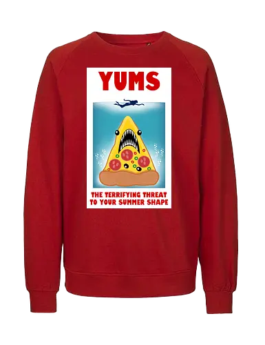 Yums - pizza, hai, parodie, filmplakat, sommerfigur, jaws, lustiges design, cartoon, nostalgisch, retro-stil, kawaii, monsterpizza, popkultur, humor, kreative kunst, fast food, strandstimmung, comicstil, kultfilm, spaß, summer - Fairtrade Sweatshirt