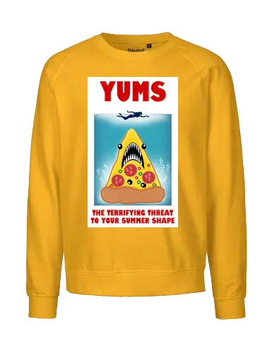 Yums - pizza, hai, parodie, filmplakat, sommerfigur, jaws, lustiges design, cartoon, nostalgisch, retro-stil, kawaii, monsterpizza, popkultur, humor, kreative kunst, fast food, strandstimmung, comicstil, kultfilm, spaß, summer - Fairtrade Sweatshirt