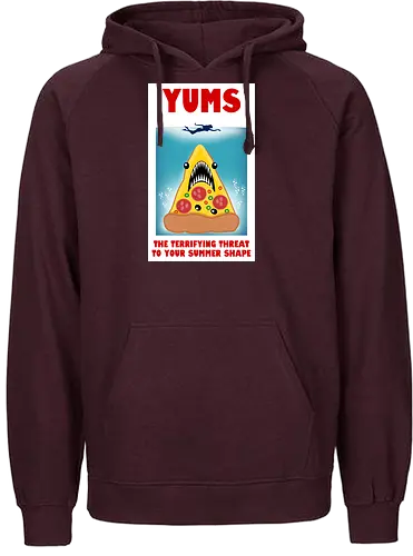 Yums - pizza, hai, parodie, filmplakat, sommerfigur, jaws, lustiges design, cartoon, nostalgisch, retro-stil, kawaii, monsterpizza, popkultur, humor, kreative kunst, fast food, strandstimmung, comicstil, kultfilm, spaß, summer - Fairtrade Hoodie