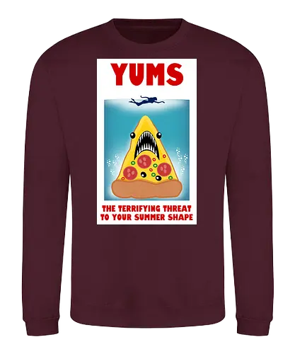 Yums - pizza, hai, parodie, filmplakat, sommerfigur, jaws, lustiges design, cartoon, nostalgisch, retro-stil, kawaii, monsterpizza, popkultur, humor, kreative kunst, fast food, strandstimmung, comicstil, kultfilm, spaß, summer - Sweatshirt