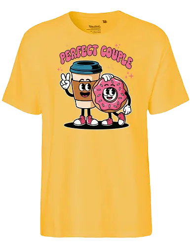 Perfect Couple - cartoon, coffee, donut, friendship, humor, food, fun, characters, cute, companionship - Fairtrade T-Shirt