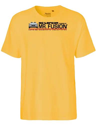 Powered By Mr Fusion  - Future, delorean, doc brown, funny pop, funny quote, geek, hill valley, joke, marty mcfly, meme, memes, nerd, parody, time travel, vintage - Fairtrade T-Shirt