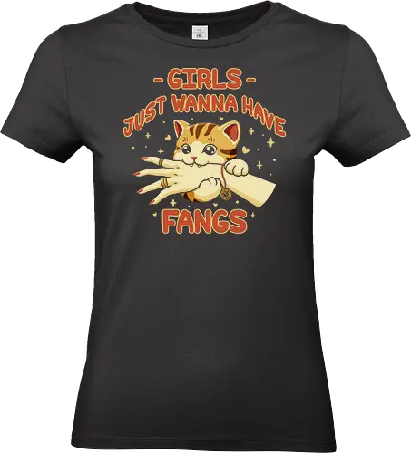 Girl Just Wanna Have Fangs - Girls Just Want to Have Fun, love bite, cat mom, cat lady, cat girl, cat lovers, music joke, pop song, chibi, kawaii, funny cat, funny saying, cute cat, cat joke, internet meme, hilarious, cat meme, vintage colors, retro style - Standard T-Shirt (Women)