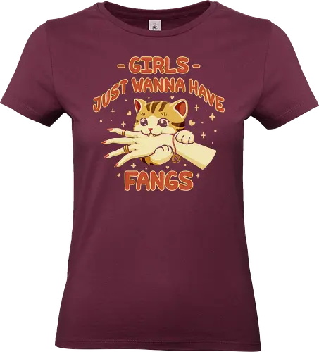 Girl Just Wanna Have Fangs - Girls Just Want to Have Fun, love bite, cat mom, cat lady, cat girl, cat lovers, music joke, pop song, chibi, kawaii, funny cat, funny saying, cute cat, cat joke, internet meme, hilarious, cat meme, vintage colors, retro style - Standard T-Shirt (Women)