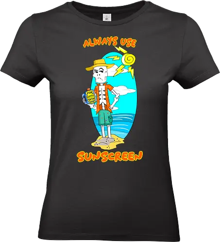 Skeleton's Sunscreen (Sonnencreme für Skelette) - skelett, sonnencreme, strand, sommer, lustig, humor, cartoon, kawaii, sonne, sonnenschutz, schatten, totenschädel, halloween, schwarzer humor, spaß, urlaub, heiß, sonnenbrand, gruselig, witzig - Standard T-Shirt (Women)