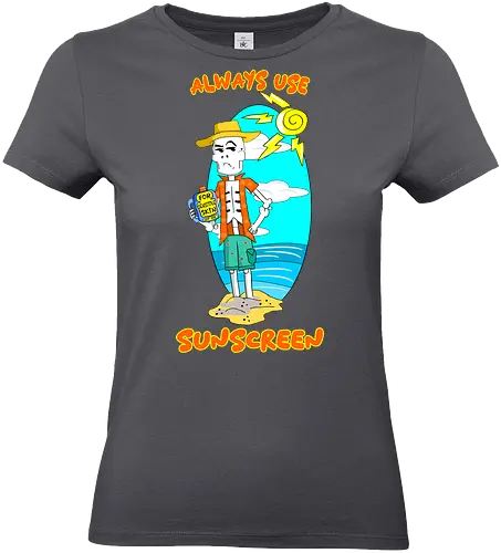 Skeleton's Sunscreen (Sonnencreme für Skelette) - skelett, sonnencreme, strand, sommer, lustig, humor, cartoon, kawaii, sonne, sonnenschutz, schatten, totenschädel, halloween, schwarzer humor, spaß, urlaub, heiß, sonnenbrand, gruselig, witzig - Standard T-Shirt (Women)