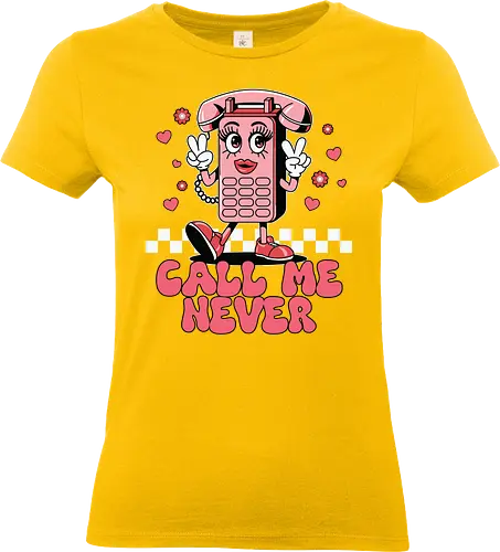 Call Me Never - cartoon, phone, character, pink, hearts, peace sign, lettering, checkered, playful - Standard T-Shirt (Women)