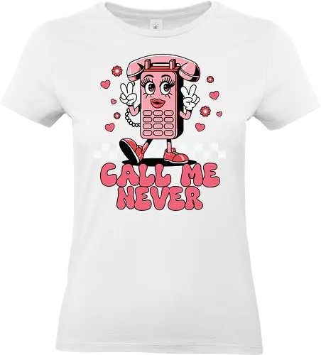 Call Me Never - cartoon, phone, character, pink, hearts, peace sign, lettering, checkered, playful - Standard T-Shirt (Women)