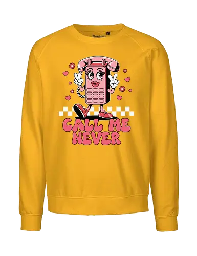 Call Me Never - cartoon, phone, character, pink, hearts, peace sign, lettering, checkered, playful - Fairtrade Sweatshirt