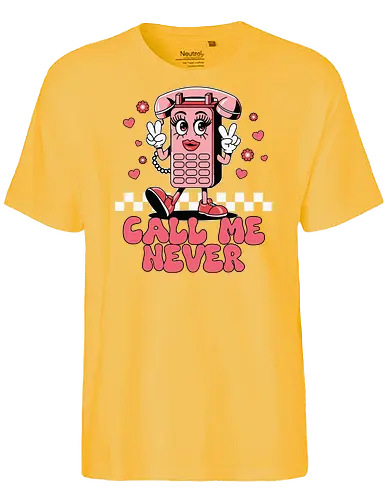 Call Me Never - cartoon, phone, character, pink, hearts, peace sign, lettering, checkered, playful - Fairtrade T-Shirt