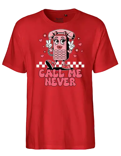 Call Me Never - cartoon, phone, character, pink, hearts, peace sign, lettering, checkered, playful - Fairtrade T-Shirt
