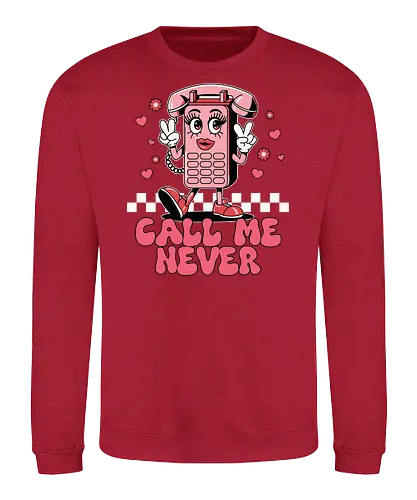 Call Me Never - cartoon, phone, character, pink, hearts, peace sign, lettering, checkered, playful - Sweatshirt