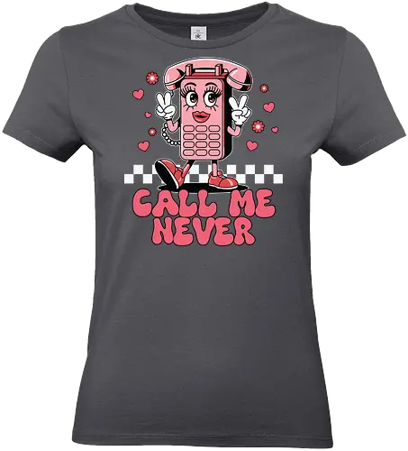 Call Me Never - cartoon, phone, character, pink, hearts, peace sign, lettering, checkered, playful - Standard T-Shirt (Women)