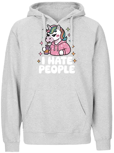 I HATE PEOPLE - unicorn, hoodie, drink, text, pink, stars, disgruntled, cartoon, colorful, expression - Fairtrade Hoodie