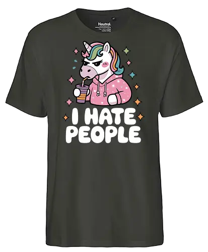 I HATE PEOPLE - unicorn, hoodie, drink, text, pink, stars, disgruntled, cartoon, colorful, expression - Fairtrade T-Shirt